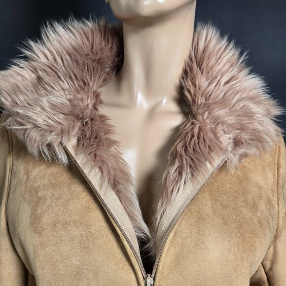 Vintage 90s Penny Lane Coat Beige Faux Fur Faux Suede Size L Knee Length Boho - Picture 2 of 12